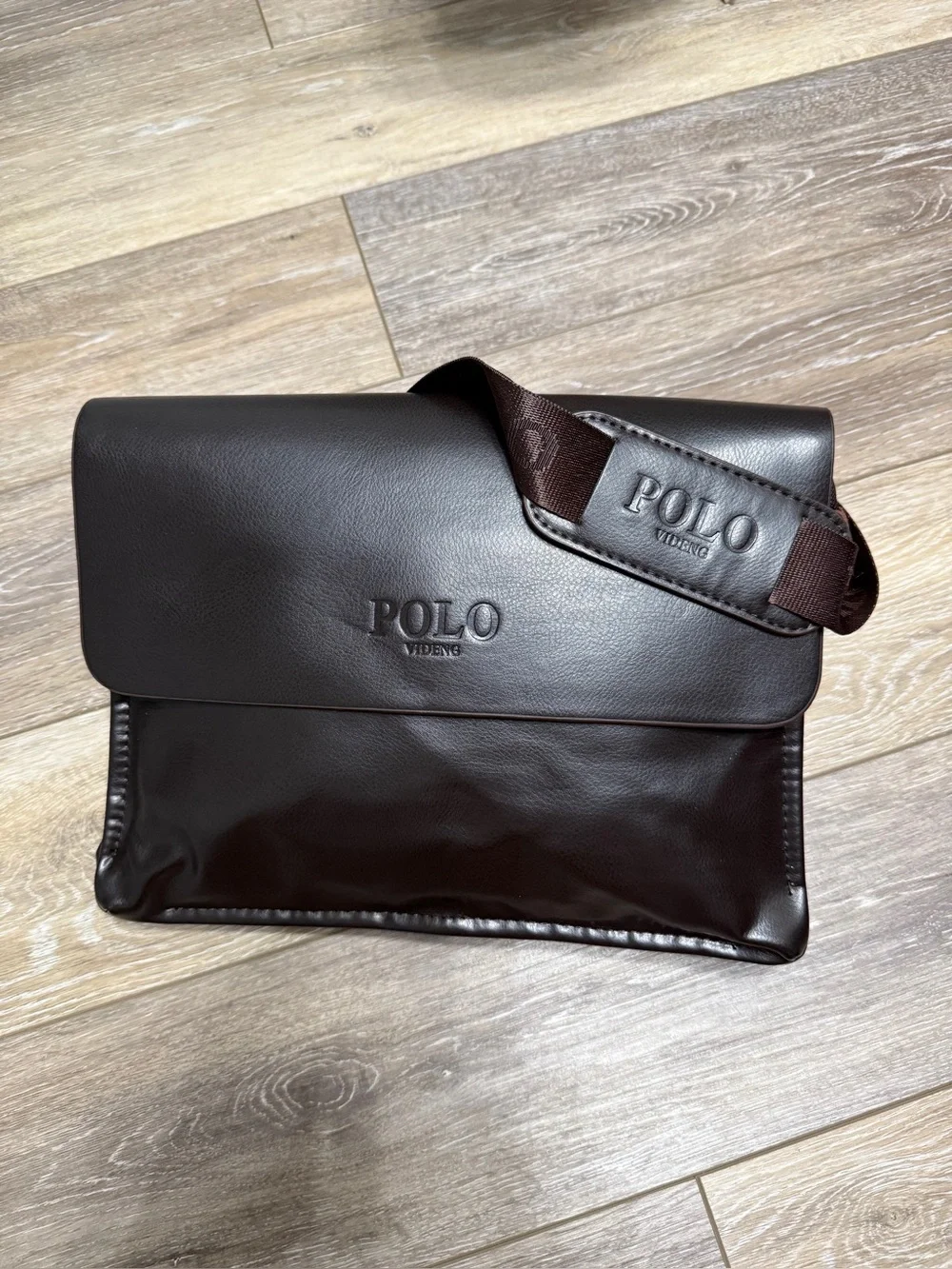 POLO Videng Men’s Brown Leather Messenger Bag with Branded Strap 13”X9”